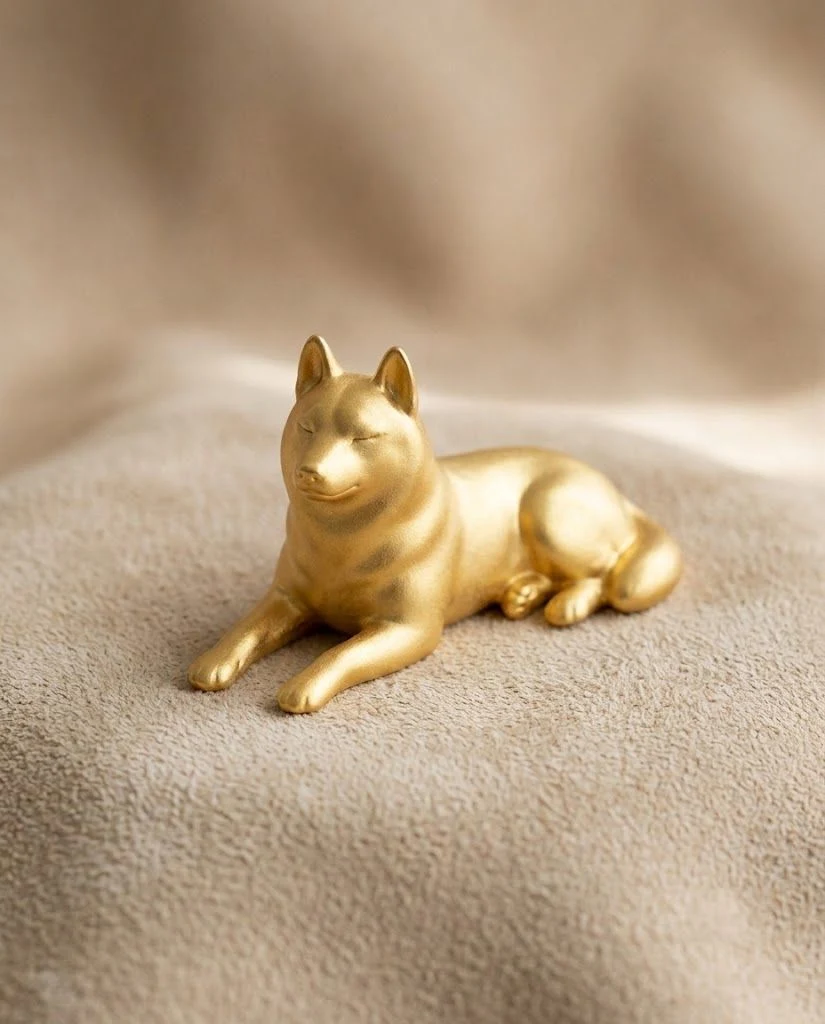 目を閉じて伏せるシンをかたどった純金のフィギュアのイメージ